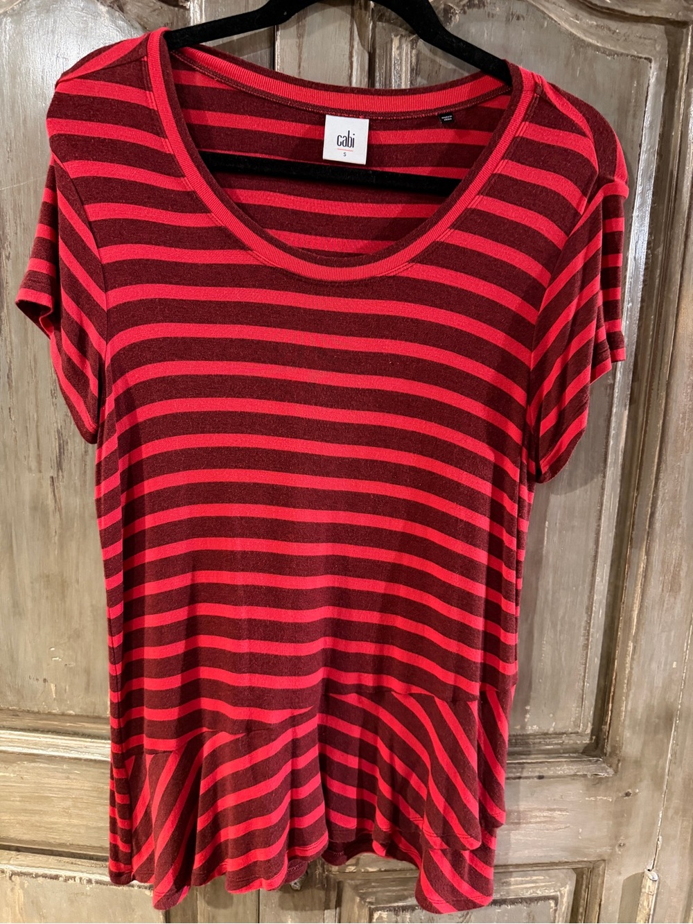 CAbi Sweet Talk Garnet Striped Peplum Top